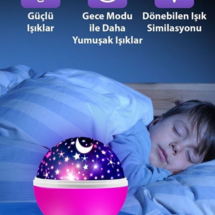 ® Yeni Ürün Ay ve Yıldızlı Gökyüzü Yansıtmalı Dönen Projeksiyon Gece Lambası- Çocuk Bebek Odası Pembe